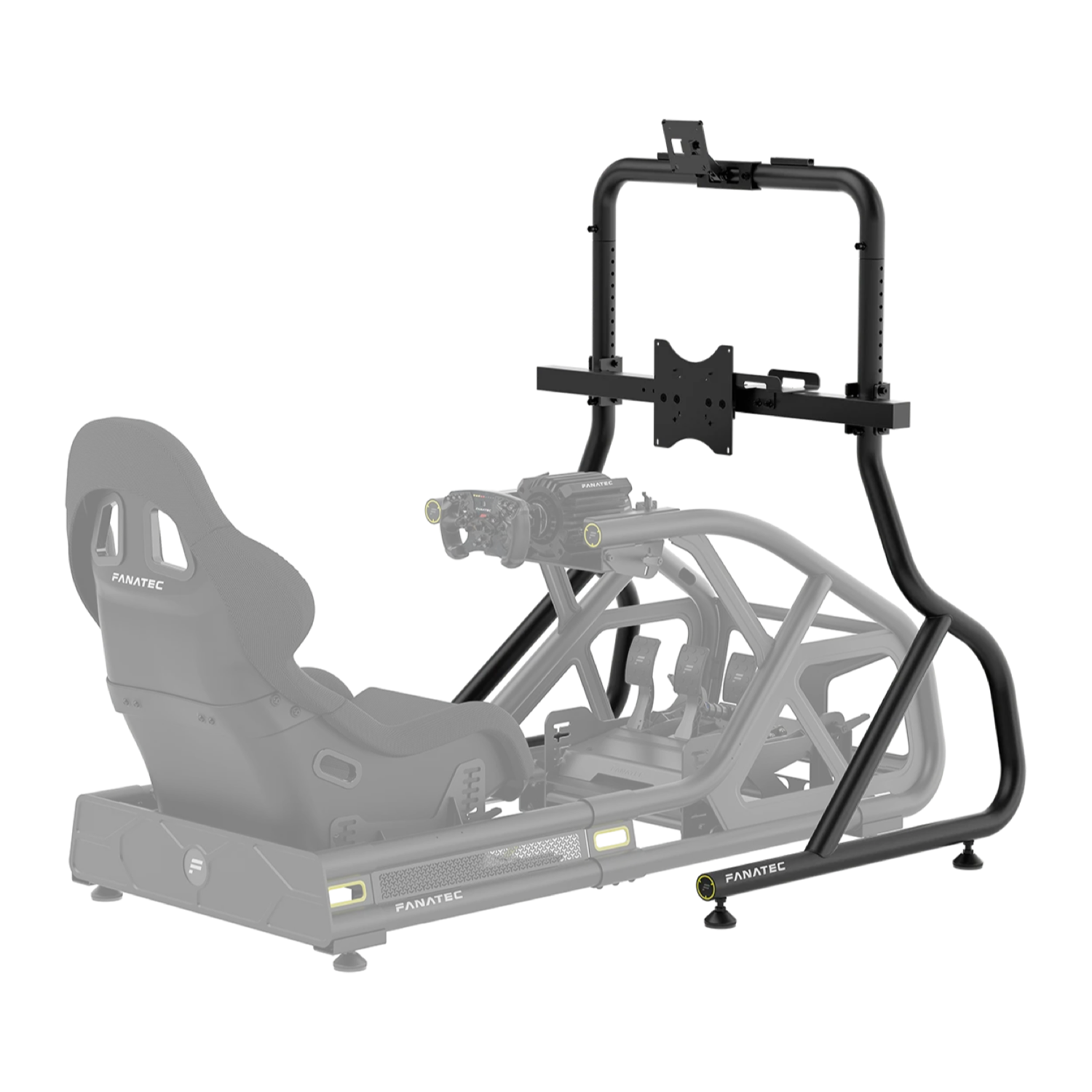 Black Fanatec GT Cockpit Monitor Stand with main and overhead VESA mounts, positioned around an example cockpit
